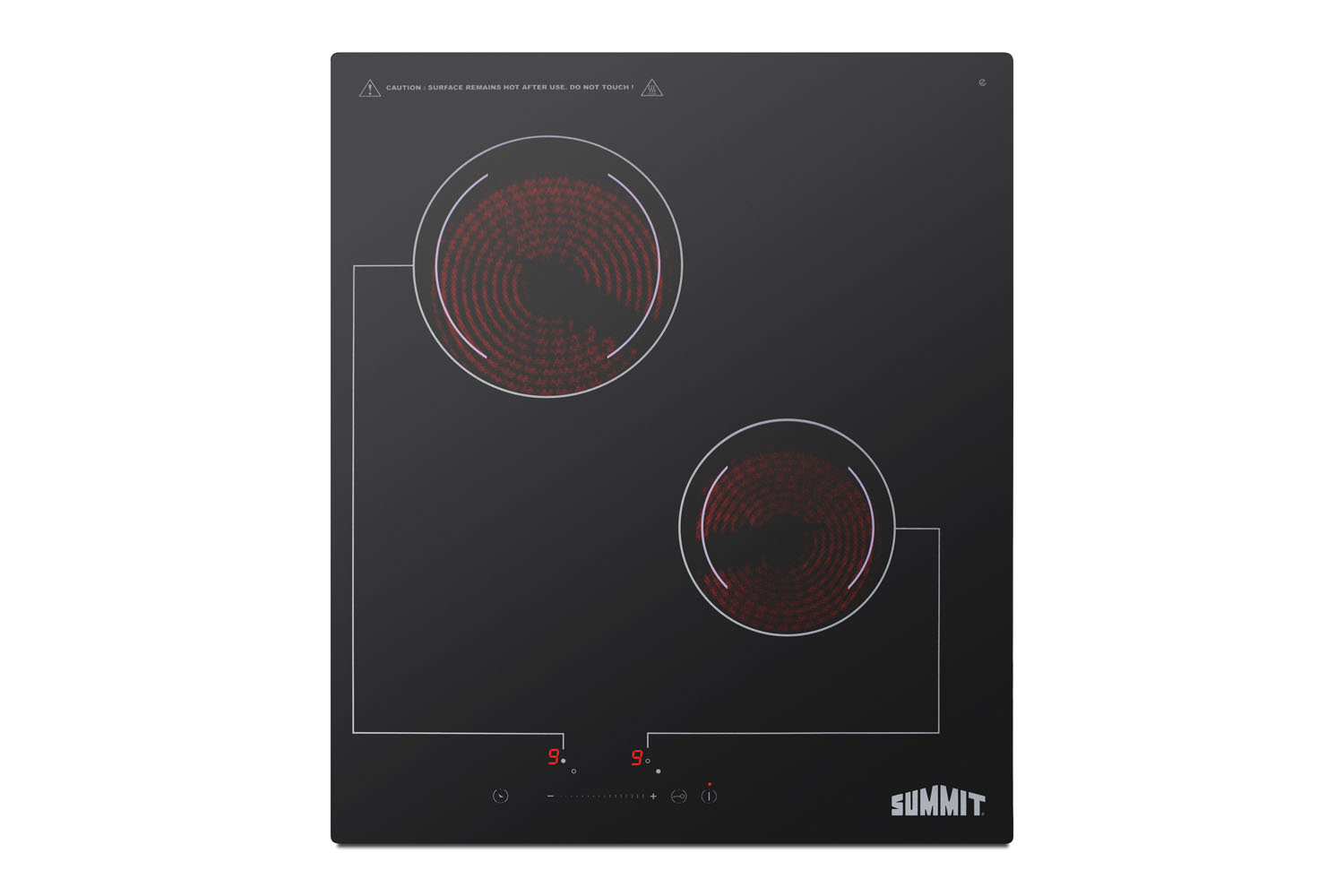 2-burner 220V radiant cooktop with digital touch controls and black glass surface